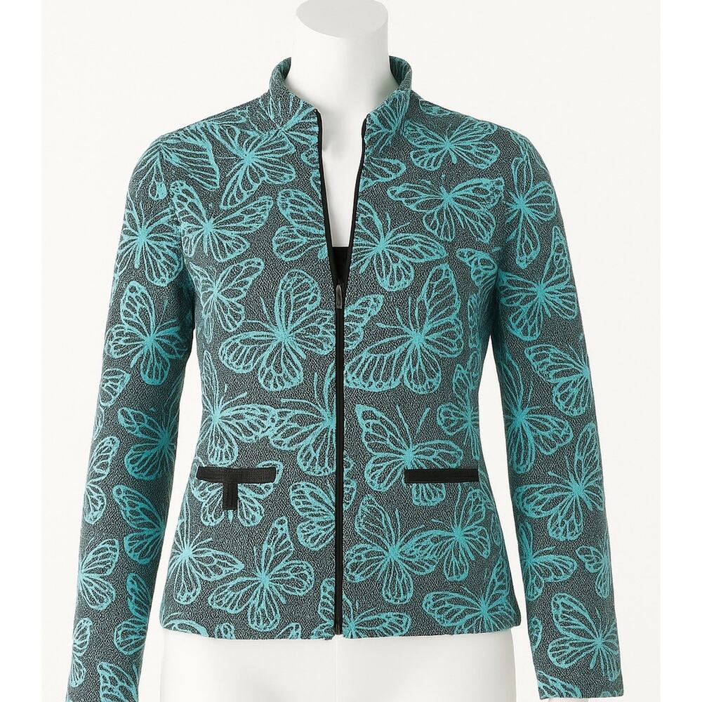 Rafael Sport Zip Jacket M Butterfly Blue Black Textured Knit Stretch Cotton